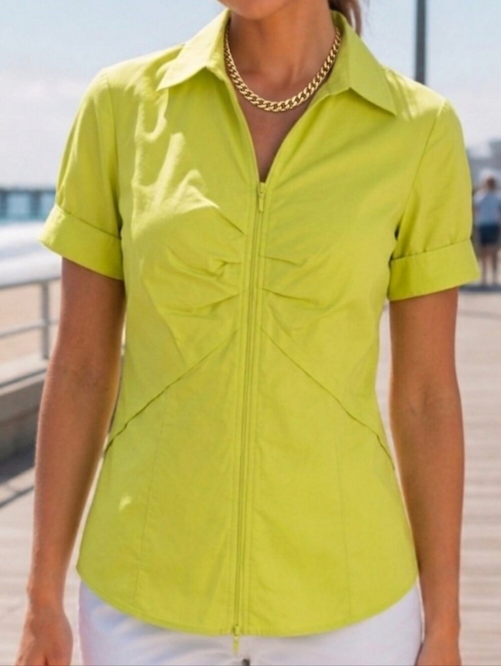 New York & Company Yellow-Green Short Sleeve Zip-front Shirt